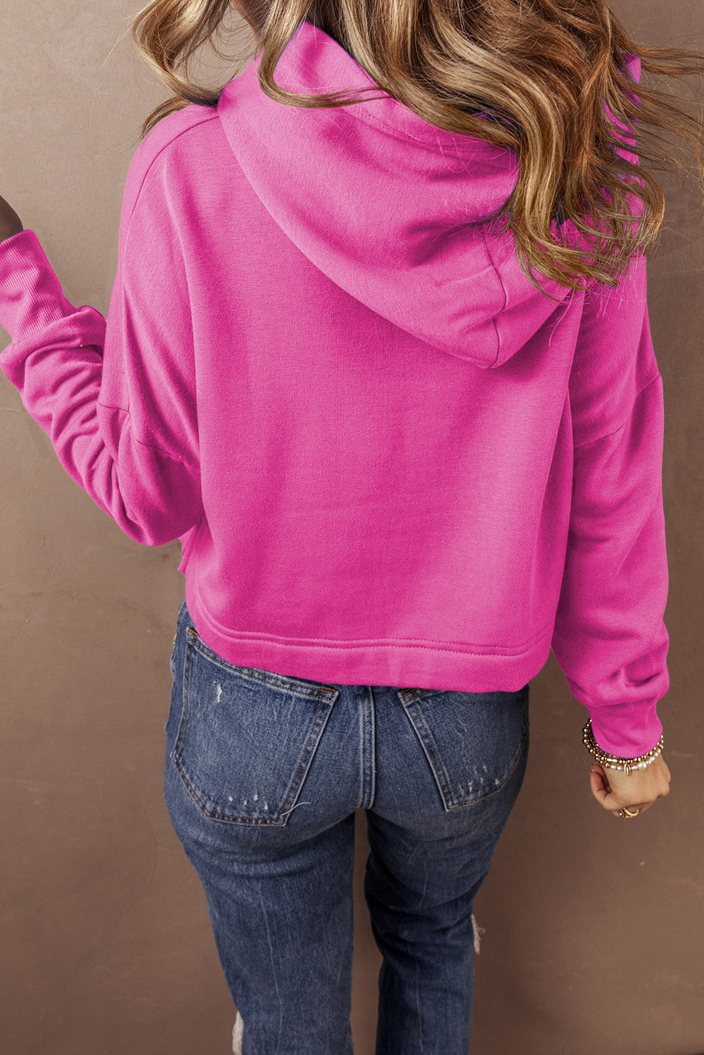 Sachet Pink Drop Shoulder Drawstring Cropped Hoodie