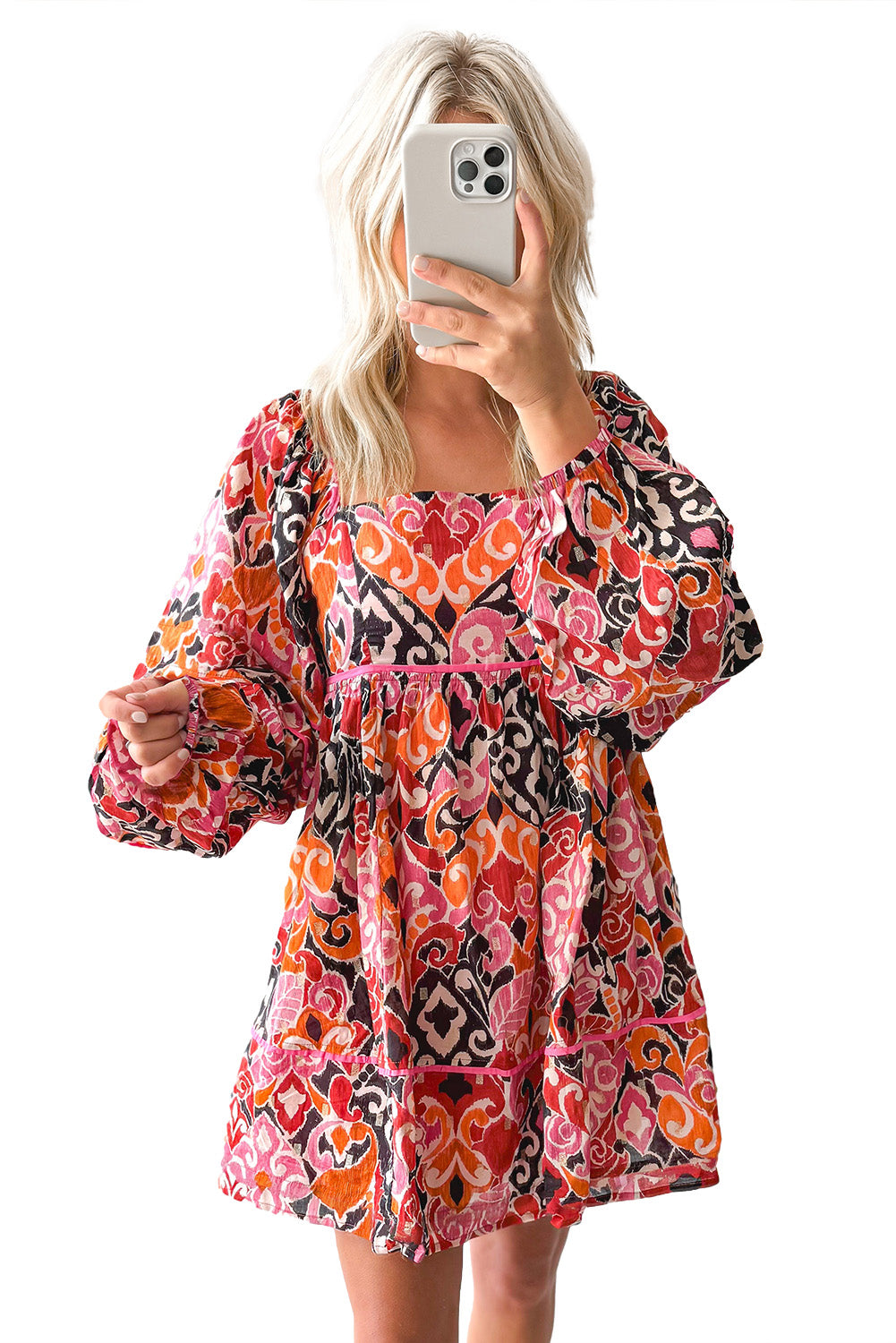 Pink Geometric Print Square Neck Puff Sleeve Mini Dress-True and Wild