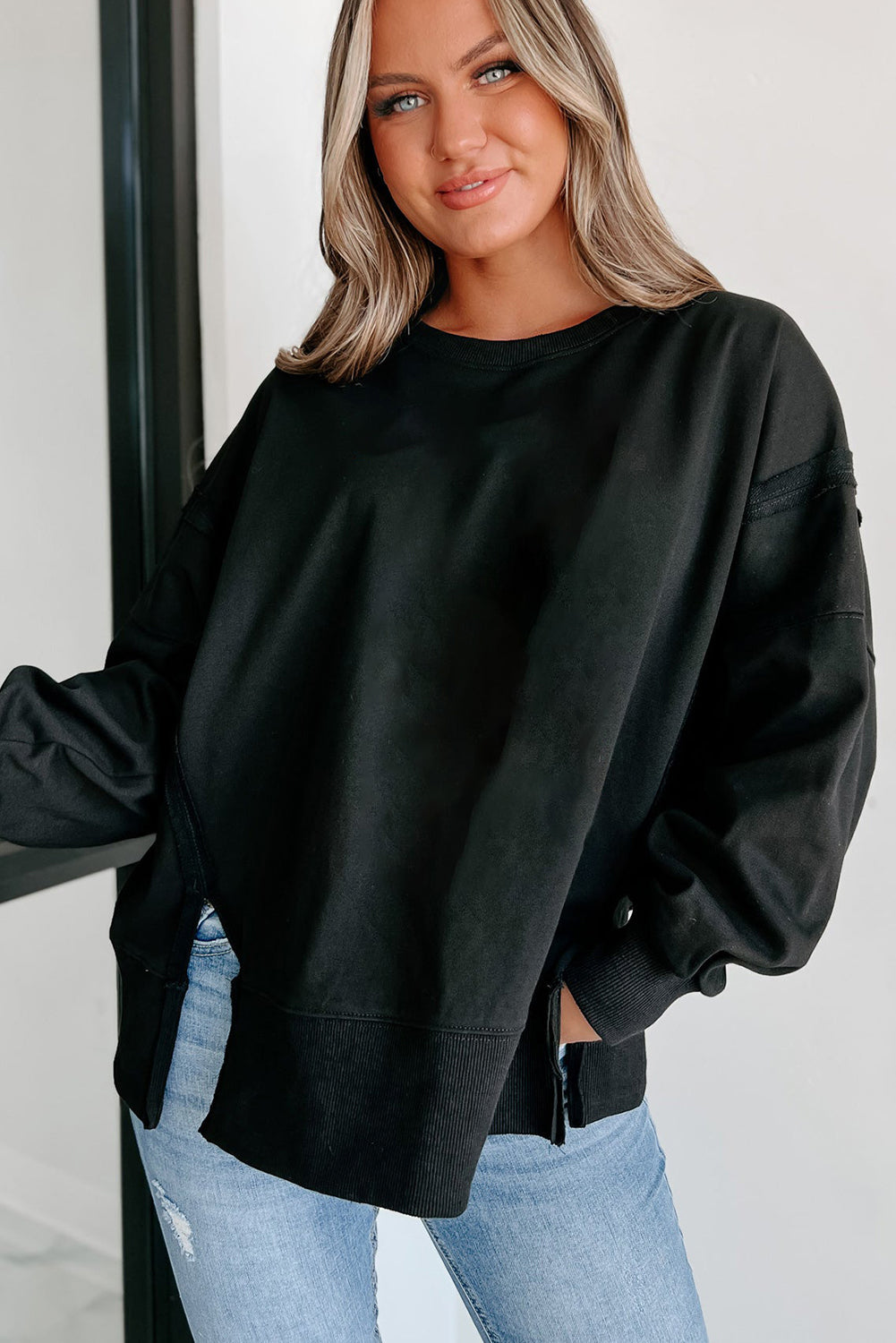 Carrot Exposed Seam Drop Shoulder Side Slit Sweatshirt-True and Wild