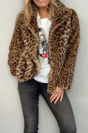 Full Size Leopard Furry Collared Neck Long Sleeve Coat-True and Wild