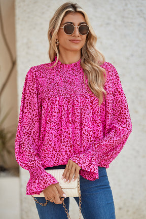 Rose Leopard Shirred Puff Sleeve Flowy Blouse-True and Wild