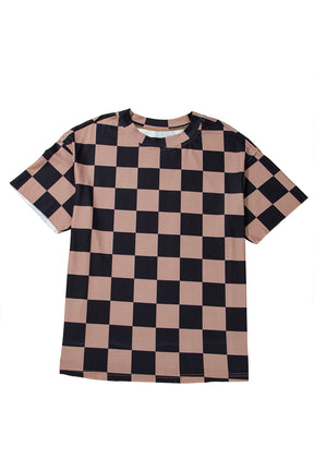 T Shirts - Light Beige Two Tone Checkered Crew Neck Loose T Shirt