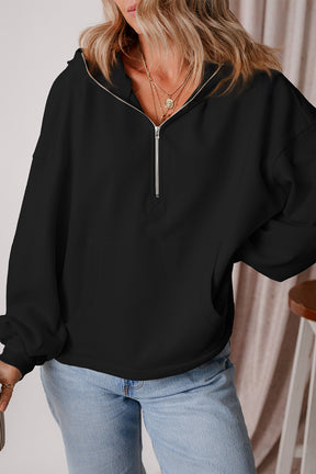 Black Half Zipper Kangaroo Pockets Drop Shoulder Hoodie-True and Wild