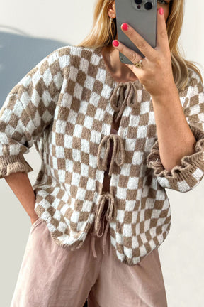 Double Take Tied Checkered Dropped Shoulder Flounce Sleeve Cardigan-True and Wild