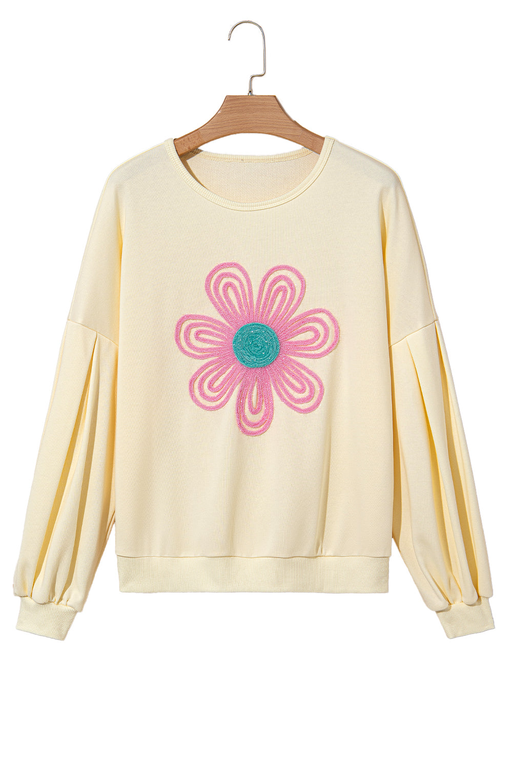 Beige Cute Tinsel Flower Puff Sleeve Sweatshirt-True and Wild