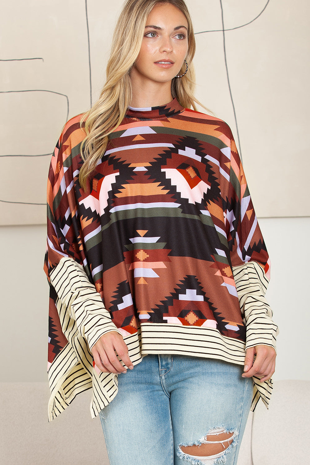 Multicolor Geometric Pattern Striped Long Sleeve Top-True and Wild