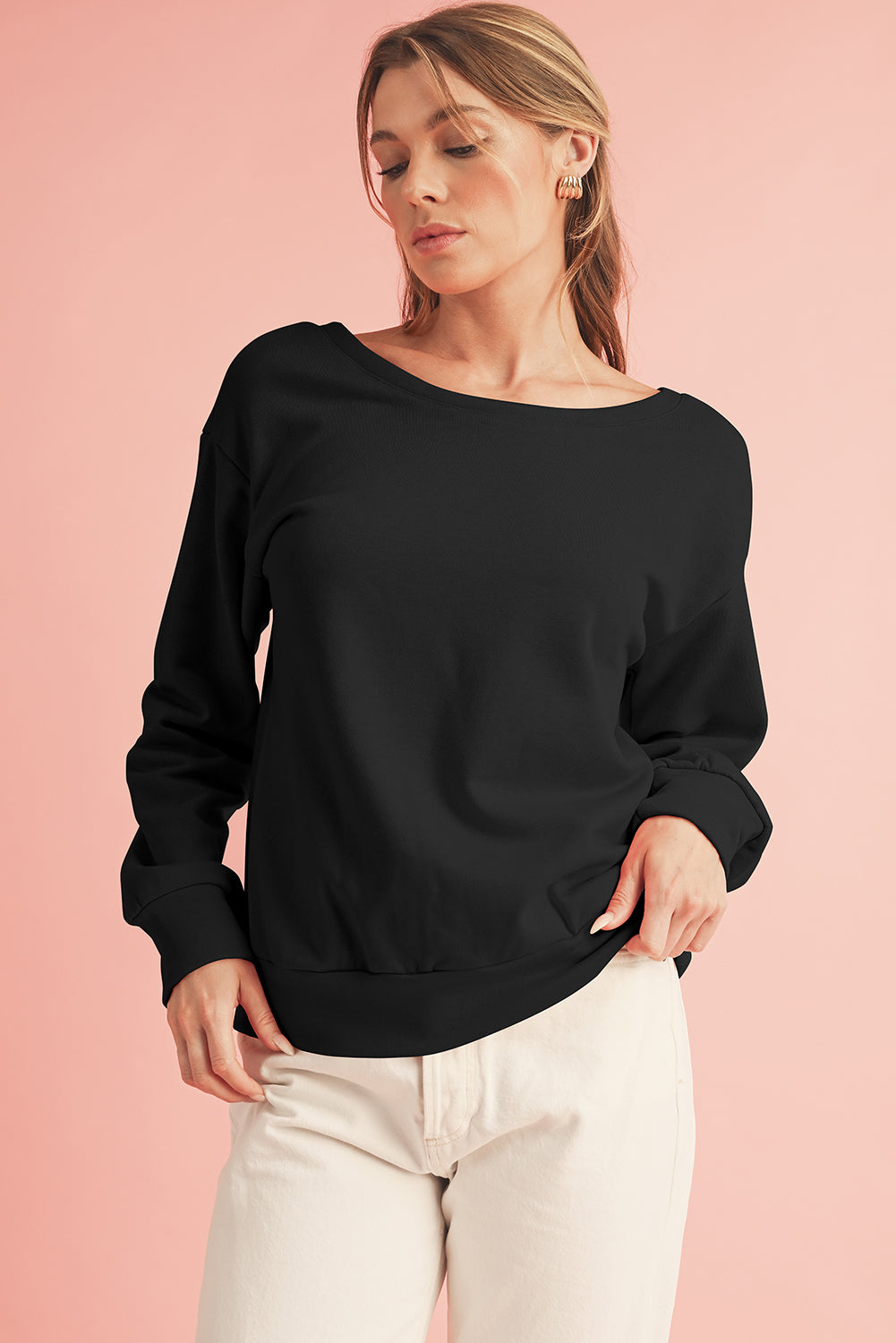 Apricot Bowknot Plain Round Neck Sweatshirt-True and Wild