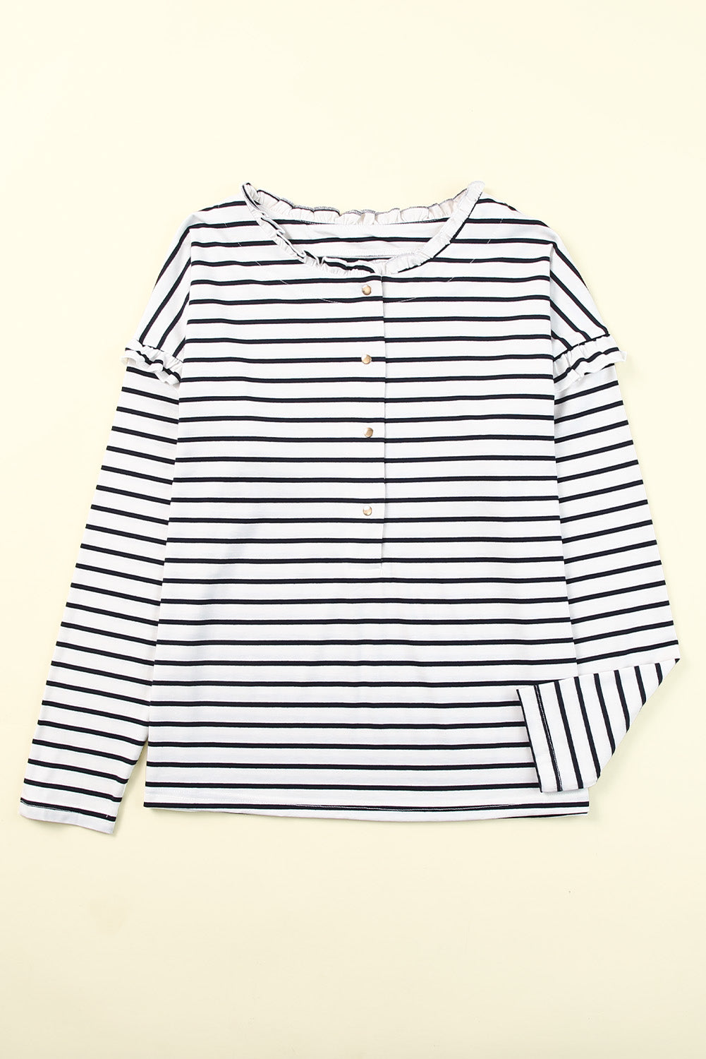 White Striped Snap Button Ruffle Trim Long Sleeve Top