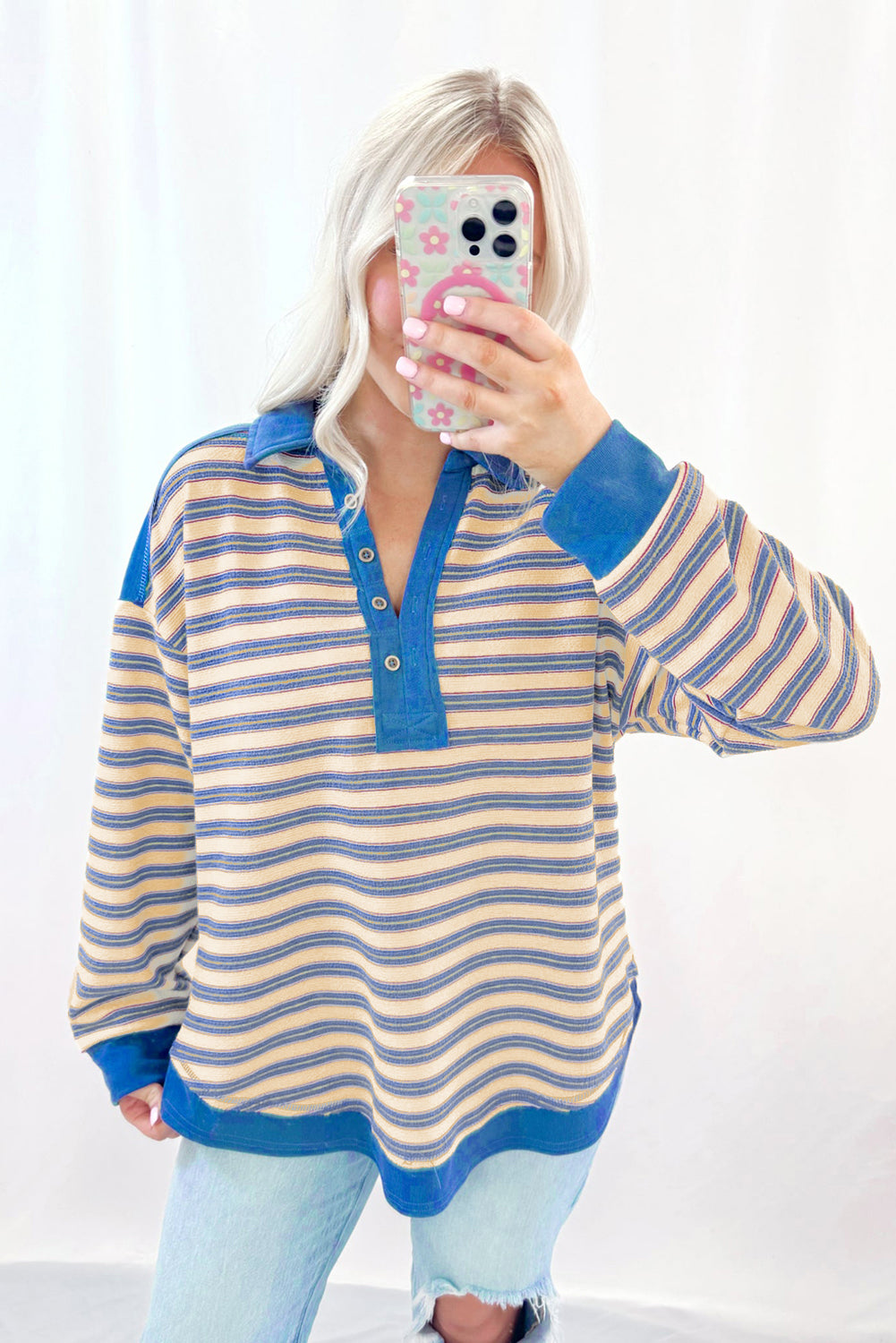 Blue Stripe Collared V Neck Drop Shoulder Top-True and Wild