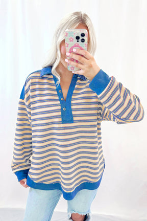 Blue Stripe Collared V Neck Drop Shoulder Top-True and Wild