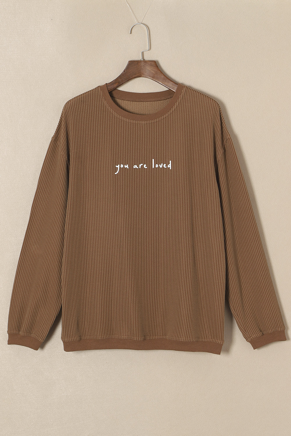 Khaki You Are Loved Print Crinkle Rib Sweatshirt-True and Wild