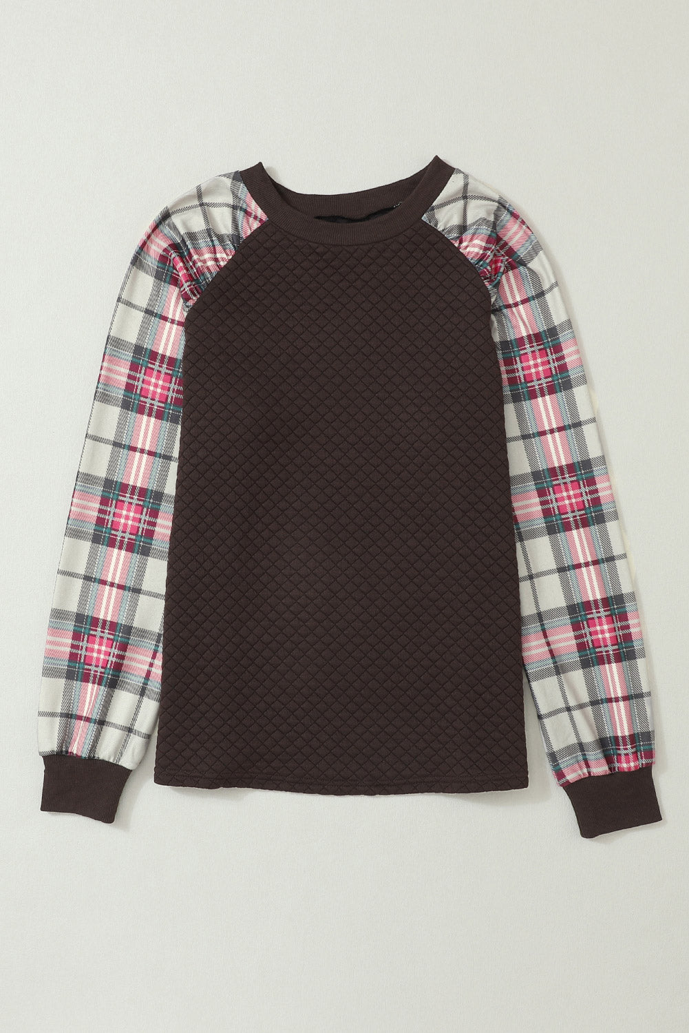 Brown Plaid Print Waffle Quilted Raglan Sleeve Sweatshirt-True and Wild