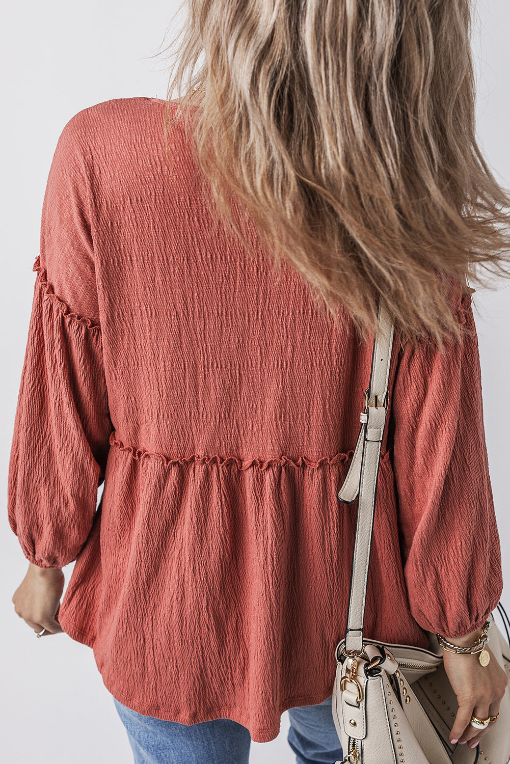 Frill V-Neck Long Sleeve Blouse-True and Wild