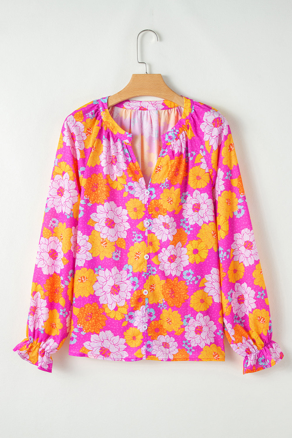 Rose Flower Print V Neck Relaxed Sleeve Blouse-True and Wild