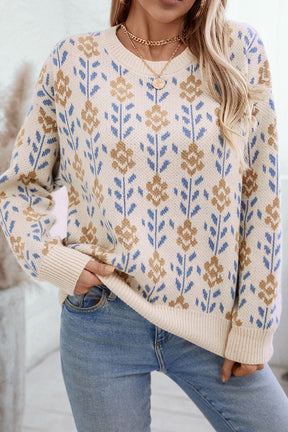 Sweaters - Apricot Floral Pattern Crew Neck Sweater