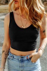 Black Solid Color Ribbed Knit Crop Tank Top-True and Wild