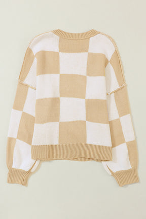 Orange & White Plaid Exposed Seam Bishop Sleeve Sweater-True and Wild