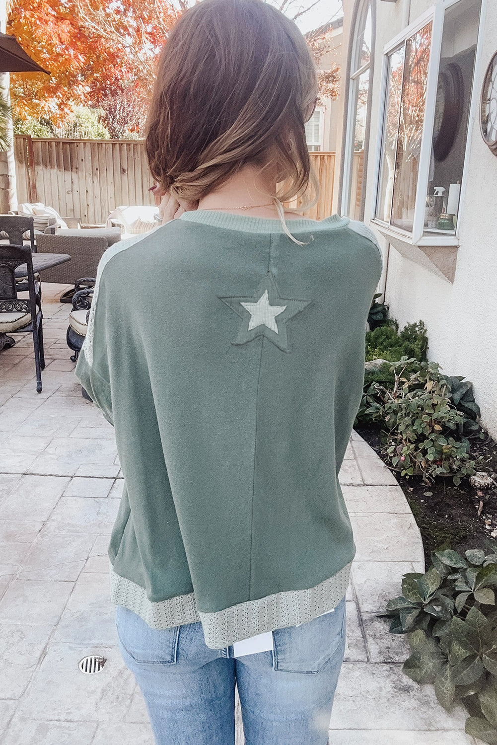 Mist Green Stars Patchwork Round Neck Plus Size Top-True and Wild