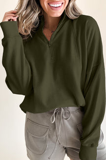 Smoke Gray Zipper Collared Drop Shoulder Plain Sweatshirt