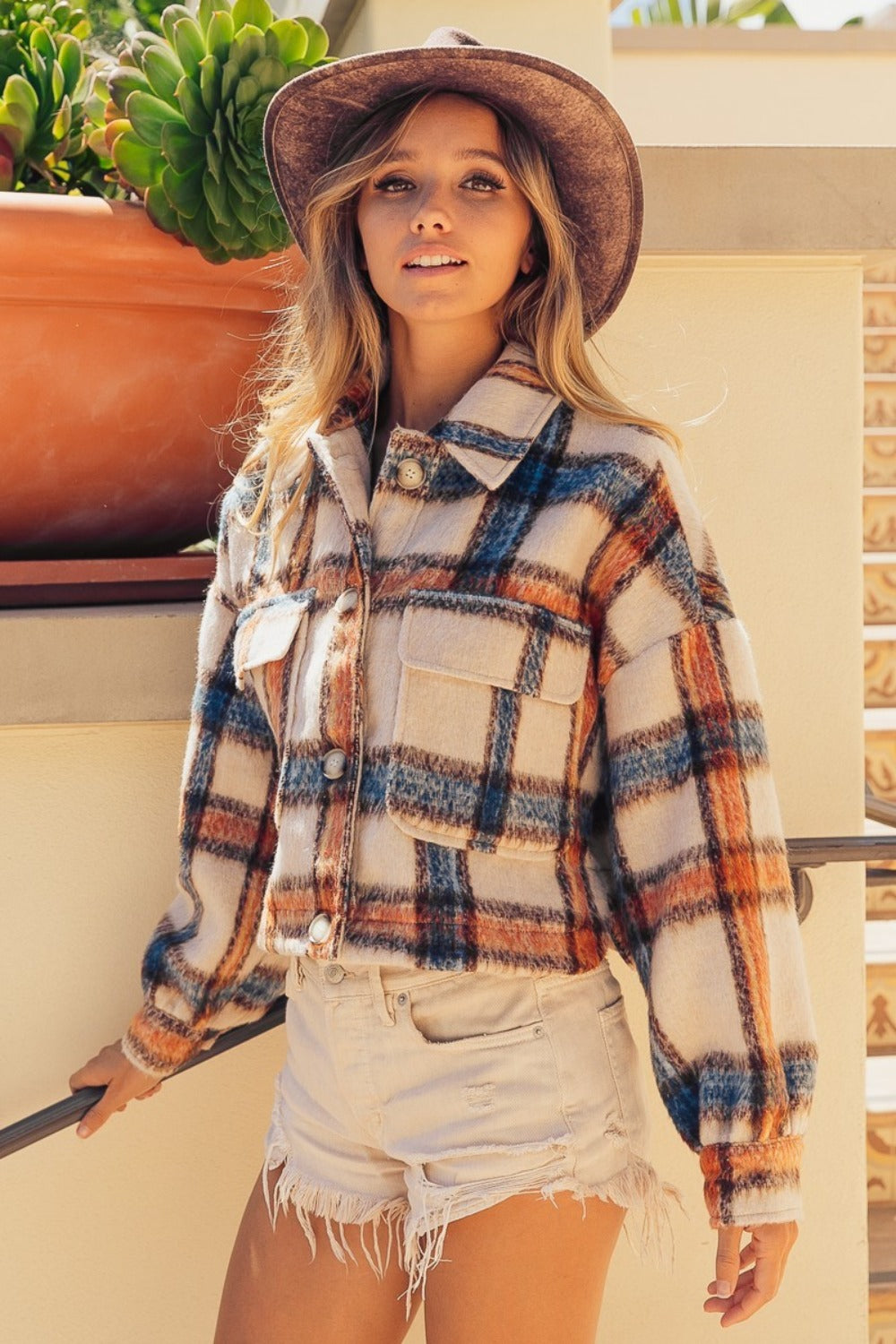 BiBi Brushed Plaid Crop Jacket with Pockets-True and Wild