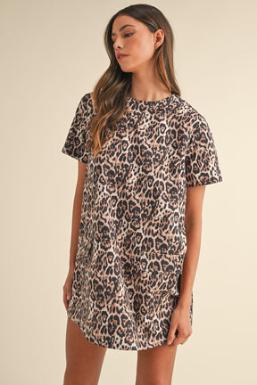 Brown Leopard Print Short Sleeve Pocket Mini Dress