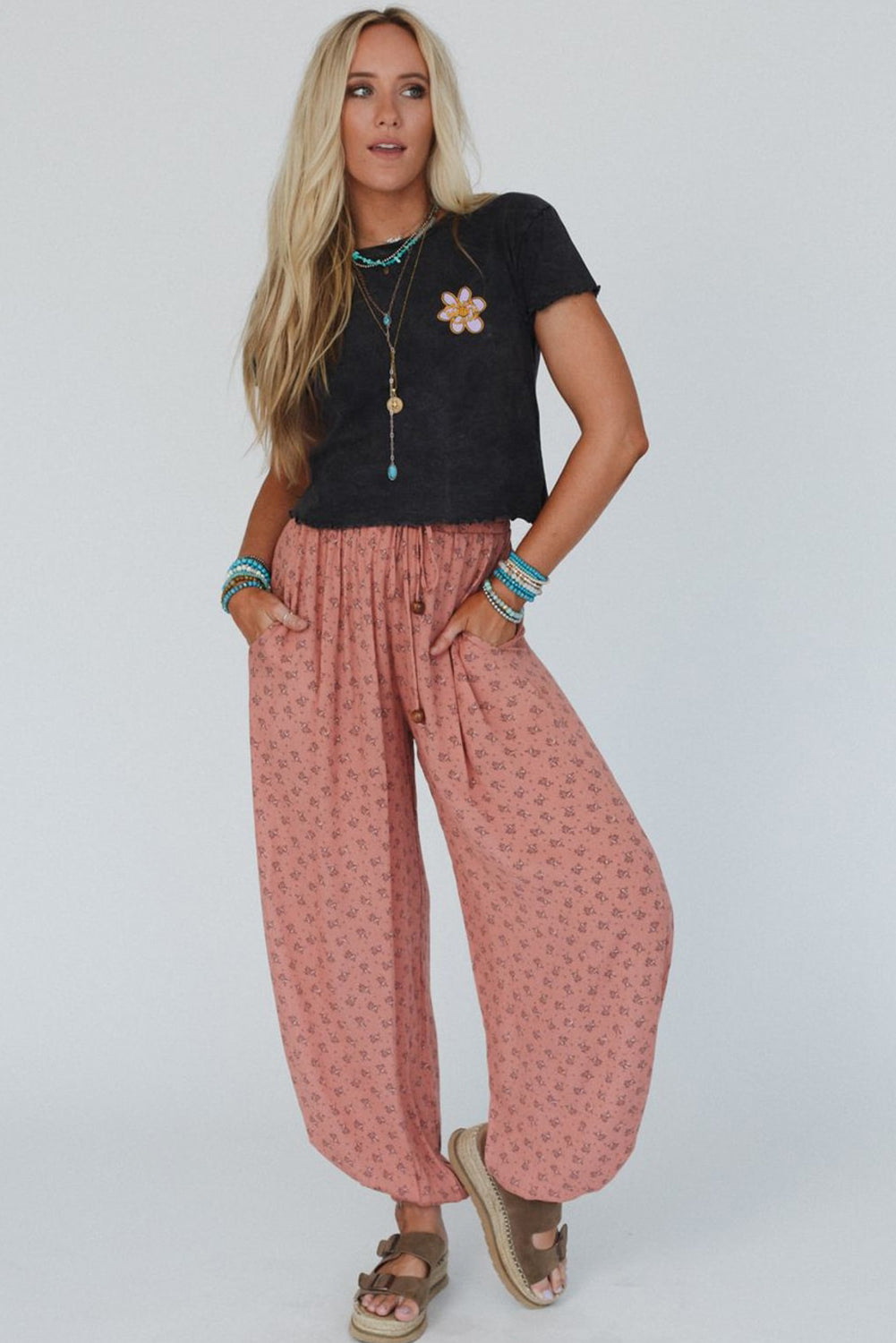 Pink Boho Floral Printed Wide Leg Jogger Pants-True and Wild