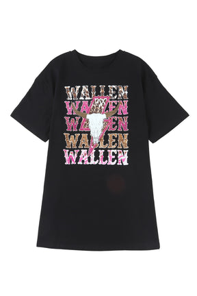 Black WALLEN Letter Print Animal Graphic Oversized Tee-True and Wild