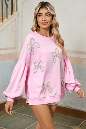 Light Pink Sweet Bow Lantern Sleeve Oversized Pullover Sweatshirt-True and Wild