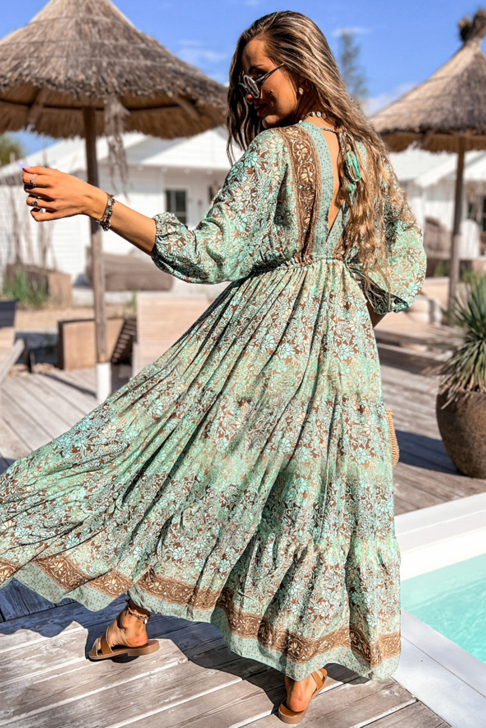 Green Boho Floral Print Backless Drawstring High Waist Maxi Dress-True and Wild