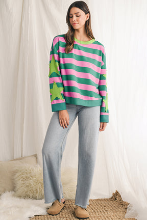 Pink Stripe Star Patchwork Round Neck Pullover Sweatshirt-True and Wild