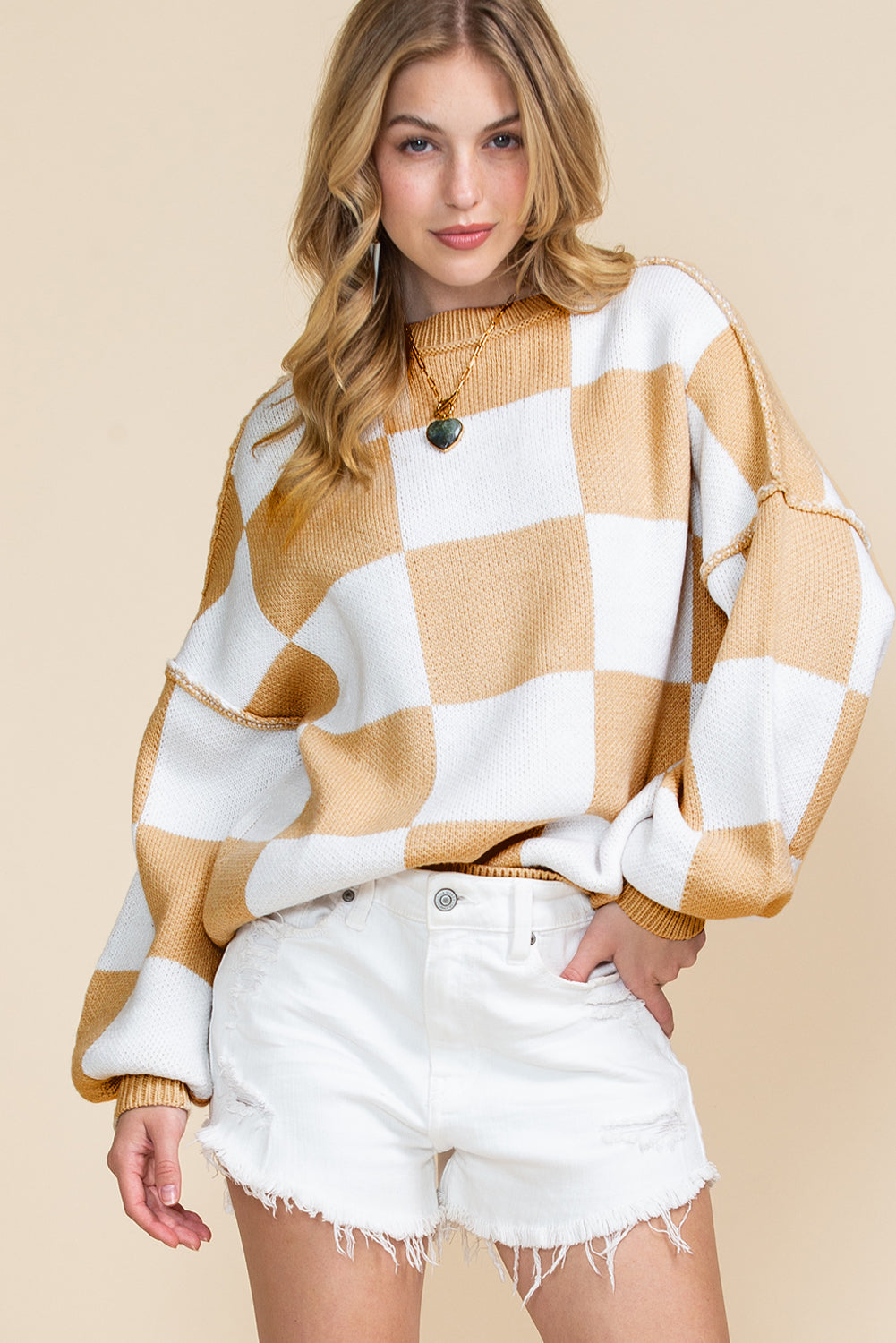 Orange & White Plaid Exposed Seam Bishop Sleeve Sweater-True and Wild