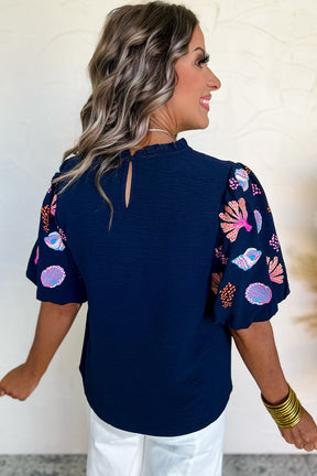 Sail Blue Coral Embroidered Puff Sleeve Frill Neck Blouse