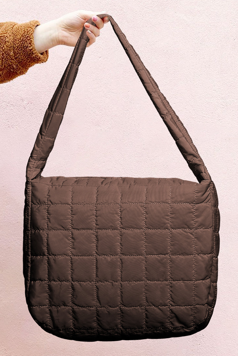 Coffee Casual Quilted Zipper Large Shoulder Bag-True and Wild