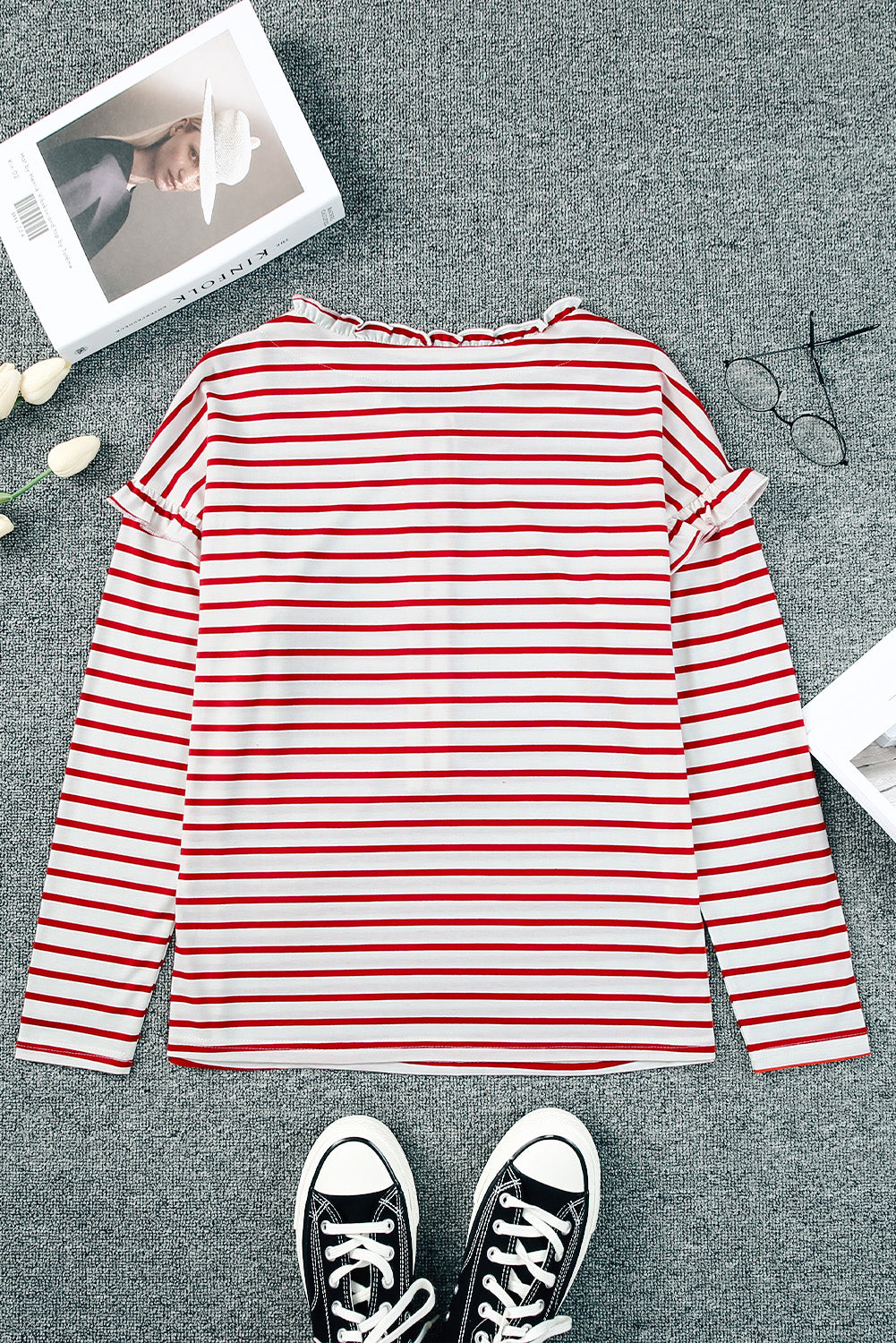 White Striped Snap Button Ruffle Trim Long Sleeve Top