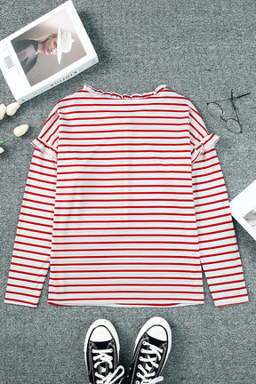 White Striped Snap Button Ruffle Trim Long Sleeve Top