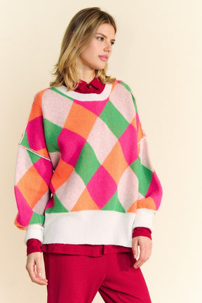 Davi & Dani Exposed Seam Color Block Dropped Shoulder Sweater-True and Wild