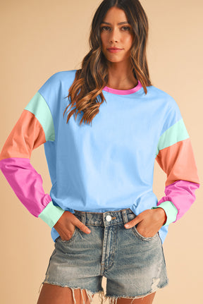 Rose Red Color Block Sleeve Loose Fit Top-True and Wild