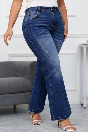 Dark Blue Plus Size Stitching Washed Flare Jeans-True and Wild