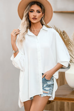 White Plain 3/4 Batwing Sleeve Oversize Button Up Blouse