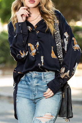 Black Animal Print Button Up Satin Shirt-True and Wild