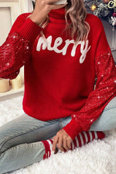 Racing Red Merry Graphic Sequin Sleeves Christmas Sweater-True and Wild