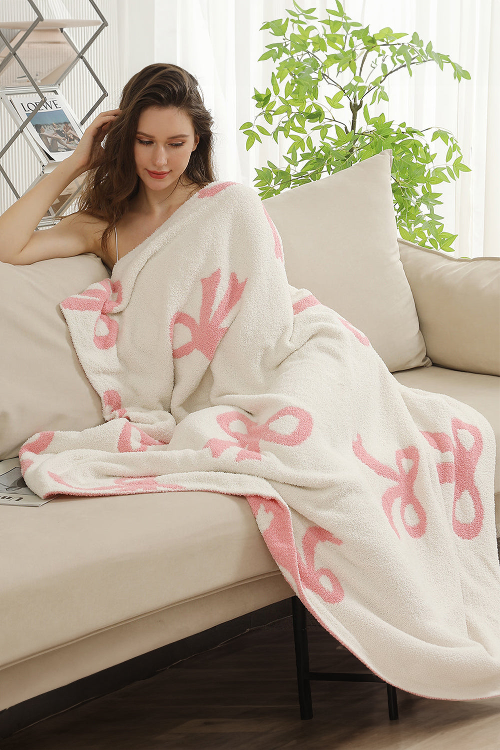 Pink 127*152cm Bow Printed Cozy Soft Throw Blanket-True and Wild