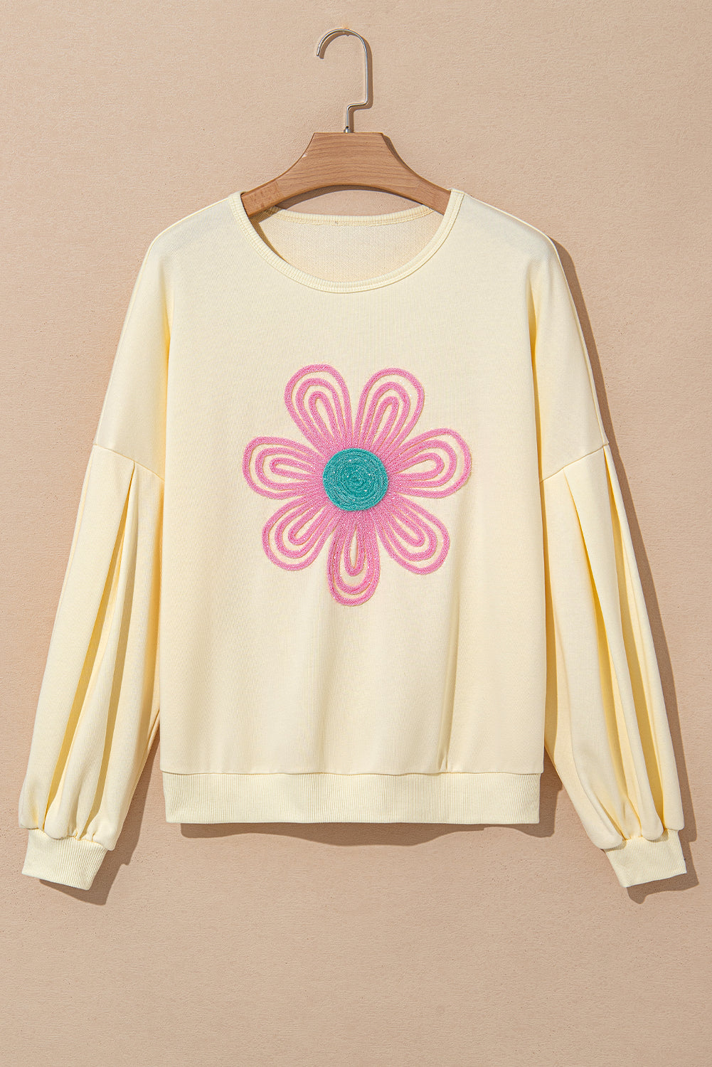 Beige Cute Tinsel Flower Puff Sleeve Sweatshirt-True and Wild