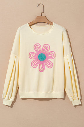 Beige Cute Tinsel Flower Puff Sleeve Sweatshirt-True and Wild