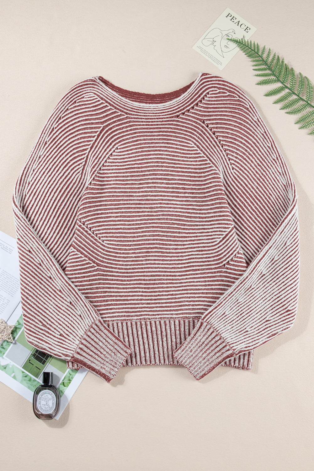 Red Dahlia Striped Print Ribbed Knit Raglan Sleeve Baggy Sweater-True and Wild