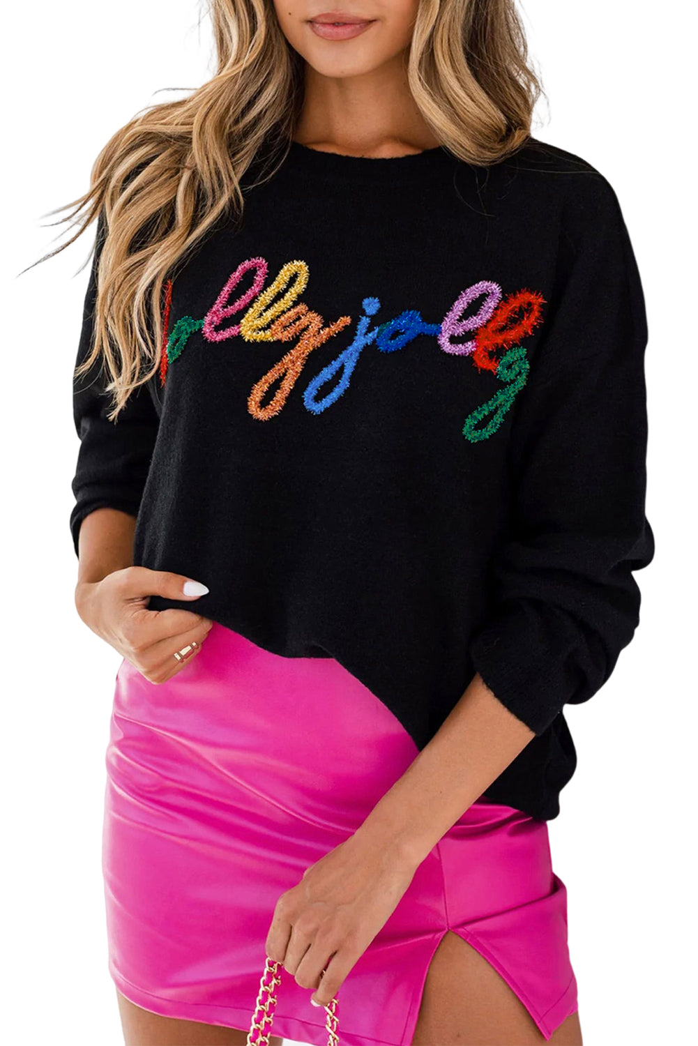 Black Holly Jolly Round Neck Casual Sweater-True and Wild