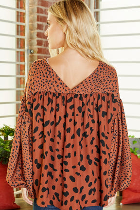 Brown Leopard V Neck Lantern Sleeve Tunic Blouse-True and Wild