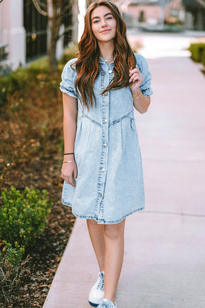 Blue Mineral Washed Ruffled Short Sleeve Pocketed Denim Dress-True and Wild