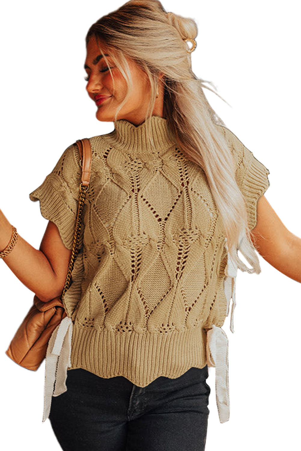 Light French Beige Hollowed Knit Scalloped Trim High Neck Sweater-True and Wild