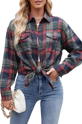 Green Plaid Chest Pocket Button Front Shirt-True and Wild